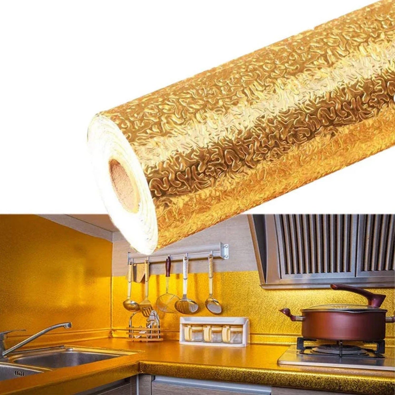Oil Proof Sticker, Waterproof Self Adhesive Aluminum Foil Wallpaper (60 cm×2m / Golden / 1 Pc) - Phoenix Addicts