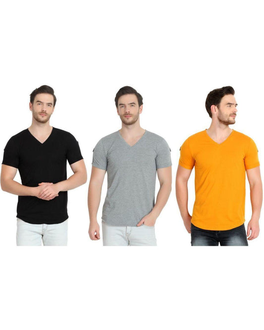 Cotton Blend Solid Half Sleeves Stylish Neck Mens T-Shirt Pack Of 3